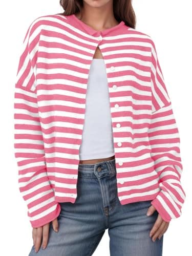 UNCLECAT Womens Striped Cardigan Sweater Casual Button Up Knit Tops Long Sleeve Sweaters Open Front Top Fall Coats Deep Pink - Image 1