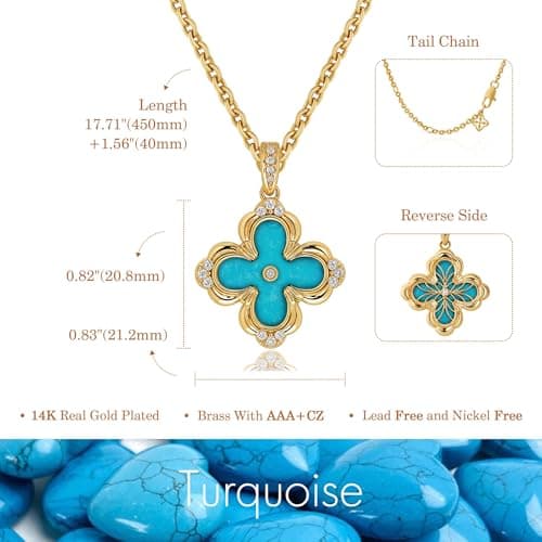 Fettero Dainty Gold Necklace for Women - Double Sided Pendant Necklace 14K Gold Plated Charm Clover Necklace Gold Plated Jewelry -Turquoise - Thumbnail 5