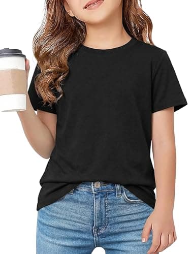 FREELYVE Girls Summer Short Sleeve T Shirts Casual Kids Tops Crewneck Tees Tween Girls Basic Clothes,Black,14Y - Image 1