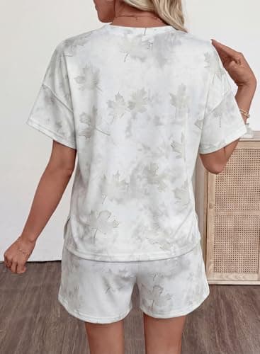 EVALESS 2 Piece Sets for Women 2026 Summer Lounge Sets Casual Short Sleeve Printed T Shirts Elastic High Waist Shorts Matching Sets Women Clothing Airport Outfits White X-Large - Thumbnail 4