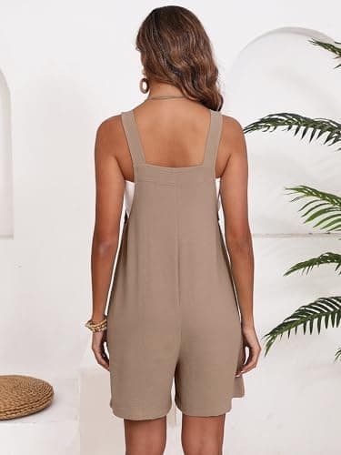 Moodclo Womens Romper Light Khaki 2X-Large Casual Loose Sleeveless 2025 Summer One Piece Outfit Short Jumpsuit Overall Outfits & Pockets - Thumbnail 4
