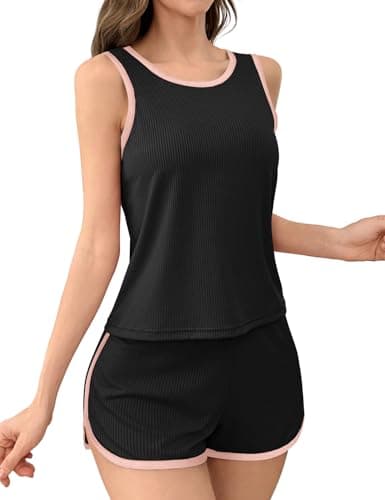 JUSTFASHIONNOW Women's 2-Piece Contrast Trim Pajama Set - Casual Tank Top & Shorts, Soft Ribbed Loungewear(Black Medium) - Image 1