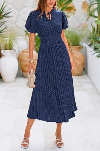 PRETTYGARDEN Summer Long Dresses for Women Puff Short Sleeve V Neck Swiss Dot Pleated A Line Casual Flowy Party Midi Dress (Navy,Large) - Thumbnail 3