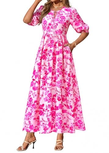 KIRUNDO Spring Dresses for Women 2026 Summer Wedding Guest Boho Floral 3/4 Sleeve Beach Vacation Cruise Flowy Maxi Dress(Rose Red, Medium) - Thumbnail 4