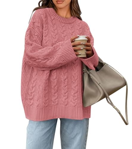 Okiwam Women's Oversized Sweaters Crewneck Cable Knit Pullover Casual Loose Fall Outfits Spring Fashion Clothes 2026-M Pink - Image 1
