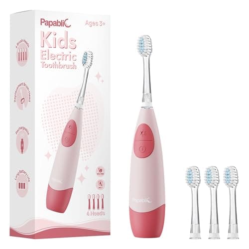 Papablic Kids Electric Toothbrush for Ages 4+ Children Girls and Boys, USB Rechargeable with Smart Brushing Timer, LED Light & 4 Replacement Brush Heads, Pink - Image 1