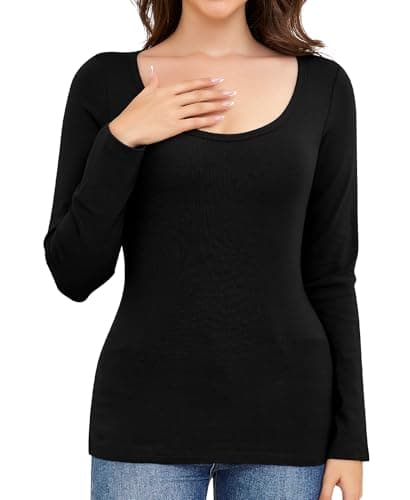 Ganado Long Sleeve Shirts for Women Scoop Neck Thermal Shirt Plain Basic Tops Fitted Layering Undershirts (Black, XX-Large) - Image 1