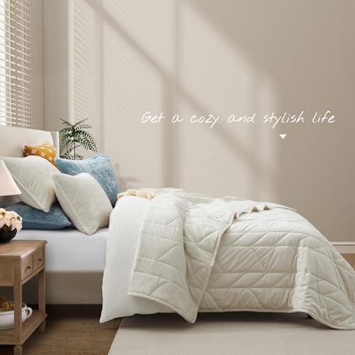 Oli Anderson Velvet Quilt Set King Size - Lightweight Bedspread Coverlet - Soft Velvet Comforter Set - Reversible Quilted Bedding Set for All Seasons - Cream White - 3 PCS (1 Quilt, 2 Pillow Shams) - Thumbnail 2