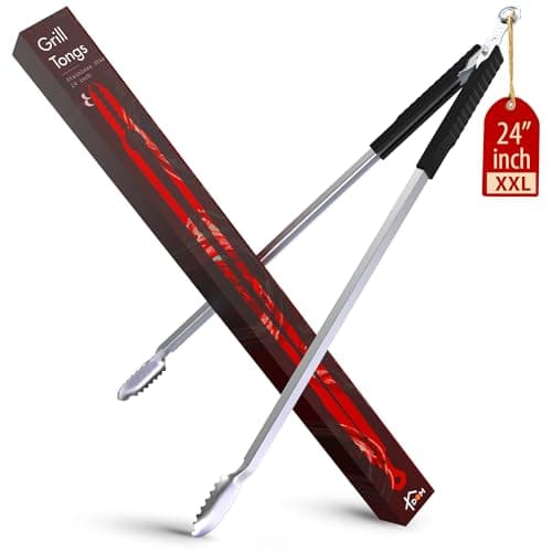 24 inch BBQ Tongs - 1 Year Warranty, 100% Stainless Steel Long Metal Grill Tongs for Outdoor Grill, Non Slip Handle, Locking Mechanism, Heat resistant, Pinzas de Cocina for steak, hot dog and more - Image 1