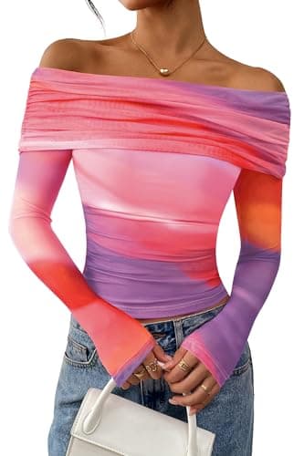 PRETTYGARDEN Womens Tops 2026 Spring Off The Shoulder Long Sleeve Fitted Y2k Shirts Floral Ruched Mesh Going Out Outfits(Multicolour Print,XX-Large) - Image 1