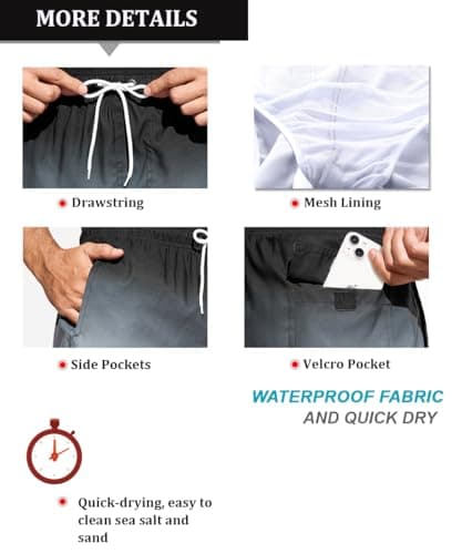 SILKWORLD Men's Swimming Surf Beach Shorts Bathing Suits Mesh Liner, Black Gray Gradient, Medium - Thumbnail 5