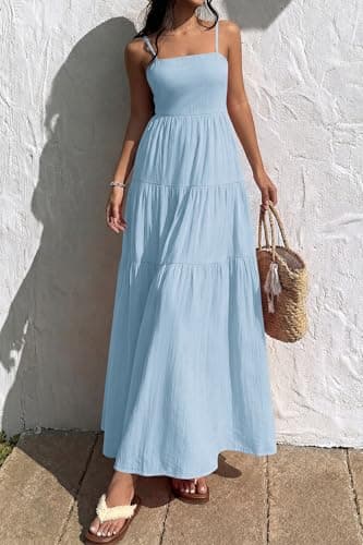 Okiwam Women's Summer Dress 2026 Casual Boho Sleeveless Spaghetti Strap Smocked Maxi Dress Ruffle Long Beach Sundresses-L Blue - Thumbnail 2