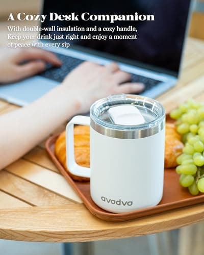 avodvo 12oz Insulated Coffee Mug with Lid – Includes Two Lids, Stainless Steel Coffee Travel Mug with Handle, Double Wall Vacuum Insulated Camping Mug for Home, Office & Outdoor, White - Thumbnail 5