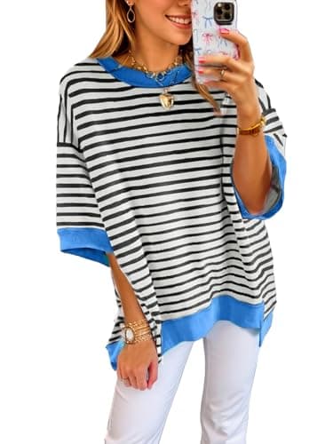 XINWEIZZ Oversized T Shirts for Women Casual Short Sleeve Striped Knit Shirt Crewneck Sweatshirts High Low Loose Blouse Tops - Image 1