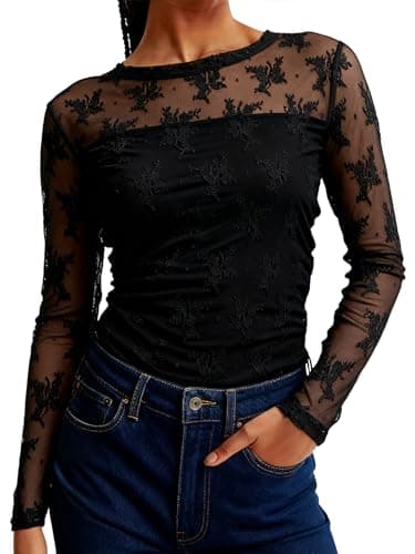 Women’s Lace Long Sleeve Tops Sexy Mesh Sheer Crew Neck Going Out Double Layered Blouse Black - Image 1
