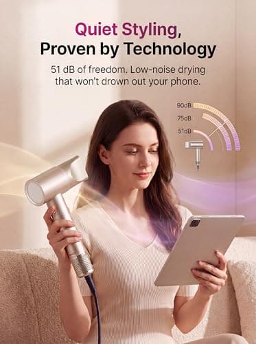 WHS Hair Dryer, 110,000 RPM High Speed Brushless Motor Ionic Blow Dryer – Low Noise Lightweight 110V Travel Hair Dryer with Concentrator Nozzle, Fast Drying for Home & Travel (Gold) - Thumbnail 6