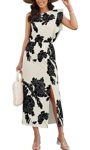 CCTOO Women Summer Floral Dresses Ruffle One Shoulder Sleeveless Flowy Beach Vacation Wedding Guest Maxi Dress Beige S - Image 1