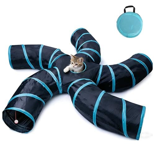 Cat Tunnel for Indoor Cats Large, with Bell Ball S-Shape 5 Way Collapsible Interactive Peek Hole Pet Tube Toys, Puppy, Kitty, Kitten, Rabbit (Blue & Black)