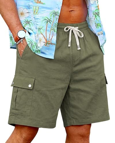 TRFIC Men's Cotton Linen Cargo Shorts - Elastic Waist with Drawstring, 6 Pockets, Summer Beach Vacation, Casual Lounge Medium Army Green - Image 1