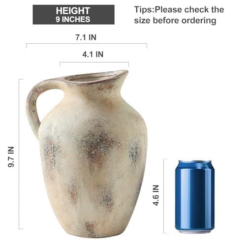 Vintage Pitcher Vase, 9.7 inch Handcrafted Decorative Ceramic Vase for Home, Dining Table, Bathroom, or Bookshelf Accents - Thumbnail 2