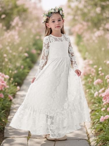 ALLOVIN Toddler & Girls Long Sleeve Lace Flower Girl Dress Maxi Boho A-Line Dress for Wedding Baptism 1st Communion | White | 8-9Y - Thumbnail 4