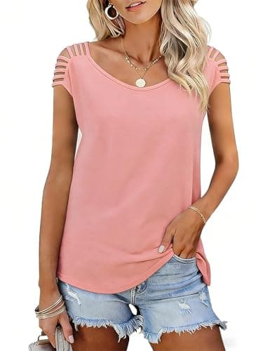 JUSTFASHIONNOW Womens Off The Shoulder Shirts Cap Sleeve Tops Cute Summer Blouses Trendy Casual Loose Fit T Shirt Going Out Tops (Pink,Medium) - Thumbnail 3