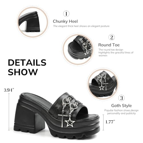 Yremael Women Black Gothic Sandals Chunky Buckle Heel Square Toe Slip On Block High Heel Dressy Shoes - Thumbnail 5