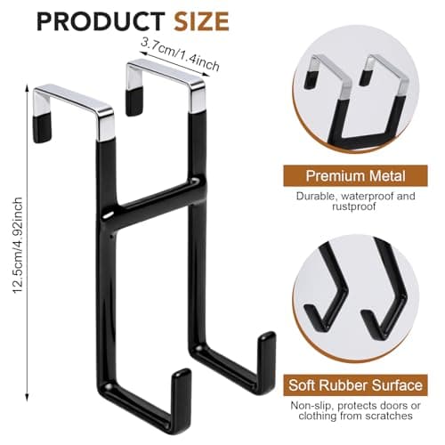 Dntorx Over Door Hook, 2 Pack Over Door Hanger with Dual Hook Heavy Duty Metal Hanger with Non Slip Rubber Over The Door Organizer Hanger for Hanging Clothes Towels Hats Bags（Black ） - Thumbnail 2