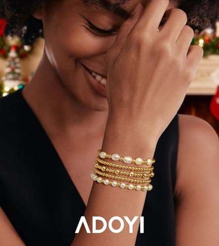 adoyi Gold Bracelets for Women, 14K Gold Plated Beaded Bracelets Stack Trendy Stackable Bracelet Set Strand Stretch Pearl Ball Bracelet Bracelet Set Jewelry for Gifts Set for Women Gift - Thumbnail 6
