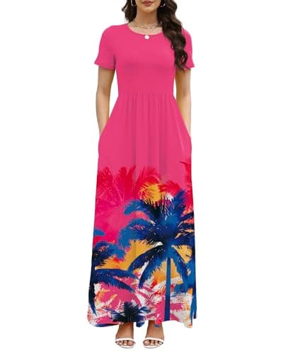 COSSEN Women’s Crewneck Short Sleeve Maxi Dress Pink Trees Large with Pockets – Casual Loose Swing Sundress for Wedding Guest, Beach & Vacation - Image 1