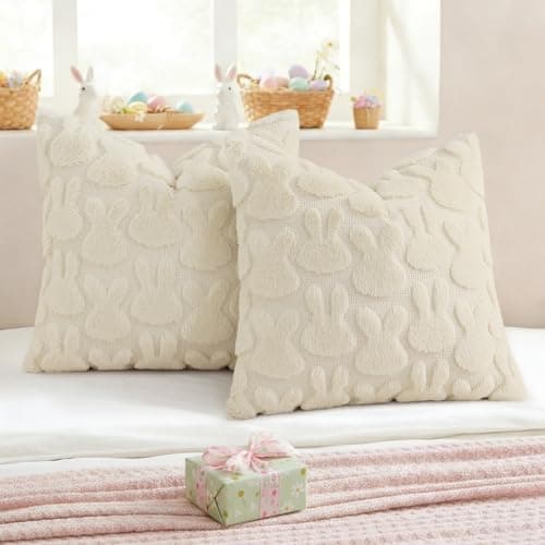 decorUhome Easter Bunny Pillow Covers 16x16 Inch Set of 2, Soft Plush Faux Wool Jacquard Beige Rabbit Cushion Covers, Farmhouse Neutral Spring Easter Holiday Decor for Couch Sofa Bed - Thumbnail 4