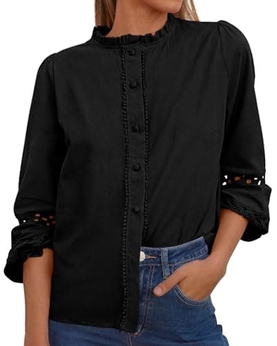 KIRUNDO Going Out Tops for Women 2026 Spring Fashion Boho Cotton Eyelet Long Sleeve Button Up Shirt Lace Dressy Casual Blouse(Black, Medium) - Image 1