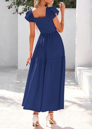 KIRUNDO Smocked Summer Dresses for Women 2026 Wedding Guest Midi Flowy Ruffle Short Sleeve Square Neck Tiered Sundress(Dark Blue, X-Large) - Thumbnail 2