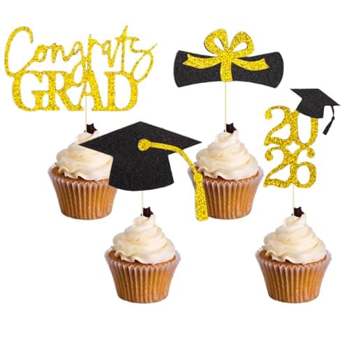 Oeyliz Graduation Cupcake Toppers 2026 Graduation Theme Cupcake Toppers Glitter 2026 Grad Cap Congrats Grad Diploma Cupcakes Toppers 24 PCS For 2026 Graduation Cake Decorations Supplies Gold - Image 1