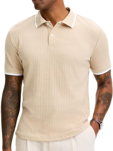 Comdecevis Knit Polo Shirts Men Short Sleeve Textured Collared Golf Shirts L Beige - Image 1