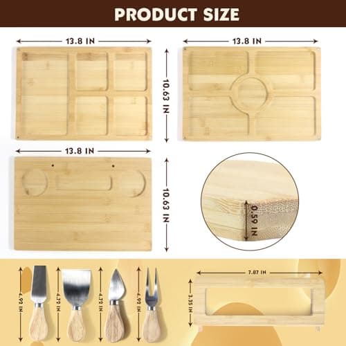 Bamboo 4 Piece Charcuterie Platter - Cheese Board Knife Set, Wooden Dinner Plate and Knife Set with Knife Holder, Suitable for Personalized Gifts Weddings, Housewarming, Birthdays, Christmas - Thumbnail 2
