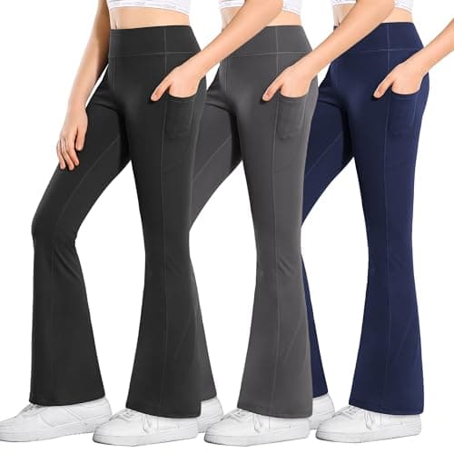 Stelle Girl's Flare Leggings with Pockets High Waisted Bootcut Yoga Pants Kids Dance Bell Bottoms Leggings(BK+GR+NV,XL) Black/Grey/Navy - Image 1