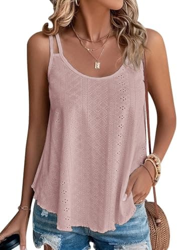 ATHMILE 2026 Spring Tank Tops Eyelet Embroidery Sleeveless Spaghetti Strap Tops Scoop Neck Sexy Loose Fit Casual Summer Flowy Cami Dark Pink - Image 1