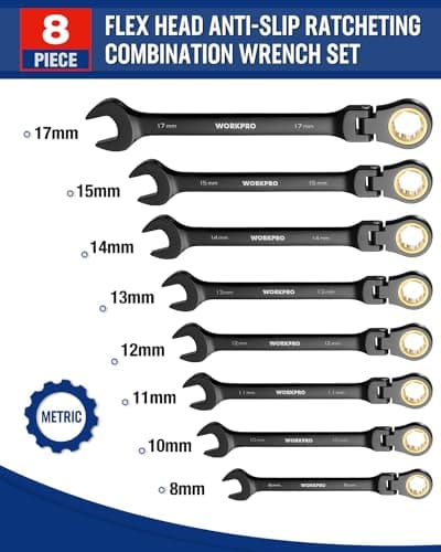 WORKPRO Ratcheting Combination Wrench Set, 8-piece Flex-Head Anti-Slip Set Metric 8-17 mm, 72-Teeth, Cr-V Constructed, Black Electrophoretic Coating with Rolling Pouch - Thumbnail 5