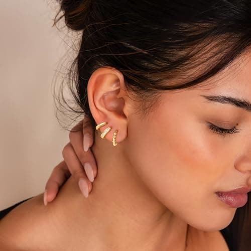 Turandoss Gold Hoop Earrings Set for Women Teen Girls Kids - 14K Gold Plated Beaded Hoops Hypoallergenic Huggie Earrings, Dainty Hoop Earring Set for Multiple Piercing - Thumbnail 5