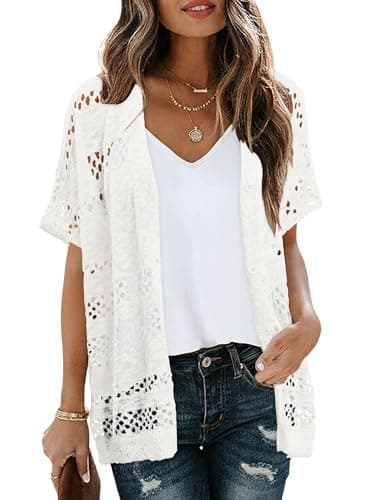 KISSMODA Off-White Plastic Button Mesh Crochet Cardigan V-Neck Breathable Boho Vacation Rooftop Drinks Outfit for Women’s M - Thumbnail 4