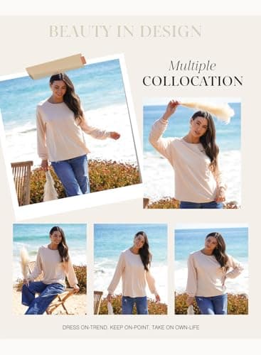 Dokotoo Spring Outfits for Women 2026 Crew Neck Long Sleeve Shirts Dressy Casual Side Slit Beige Tops Trendy Business Casual Womens Tops with Pocket Large - Thumbnail 5