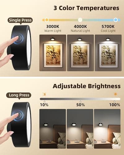 EZVALO LED Wall Mounted Light, 3000mAh Rechargeable Cordless Wall Sconce, Dimmable with Remote & Touch Control, 3 Color Temps, 360° Rotatable for Bedroom, Bedside, Reading (Black, 2 Pack) - Thumbnail 3