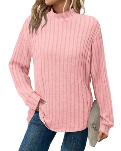 WNEEDU Fall Turtleneck Pullover Tops 2026 Women's Long Sleeve Tunic - Soft Trendy Casual Wear for Lounge(Light Pink,S) - Image 1