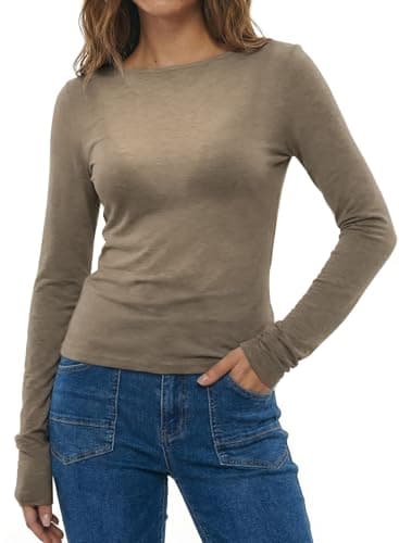 EVALESS Long Sleeve Shirts for Women 2026 Sexy Light Sheer Knit Tops Spring Summer Boat Neck Going Out Tops Wool Blend Slim Fit T Shirts Basic Tees Brown Large - Image 1