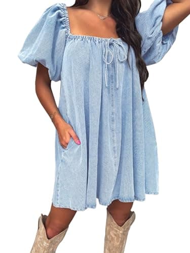 EXLURA Womens Summer Denim Short Puff Sleeve Dresses Knit Loose Plus Size Short Mini Dress 2026 Trendy Spring Outfits - Image 1