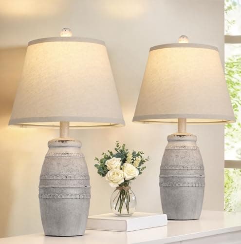 QiMH Farmhouse Table Lamps Set of 2, Bedside Lamps for Living Room, Modern Table Lamp for Bedroom, 21.5" Vintage Rustic Nightstand Lamp with Linen Shade, Retro Side Table Lamp for Office, Antique Grey - Image 1