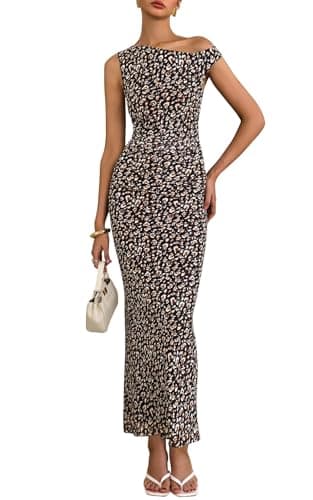 PRETTYGARDEN Women's 2026 Summer Floral One Shoulder Maxi Dress Wedding Guest Ruched Mesh Bodycon Long Cocktail Dresses (Leopard Print, Large) - Image 1