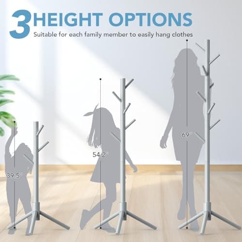 OUTGAVA Wooden Coat Rack Freestanding with 8 Hooks,Easy Assembly New Zealand Pine Tree Coat Racks, 3 Adjustable Sizes for Clothes, Hats, Bags, for Entryway, Hallway, Bedroom, Office (Grey, 1 PC) - Thumbnail 3