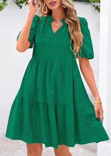 KIRUNDO Eyelet Summer Dresses for Women 2026 Mini Casual Hollow Out Short Sleeve Lace Tiered V Neck Shift Dress Pockets(Dark Green, Small) - Thumbnail 4